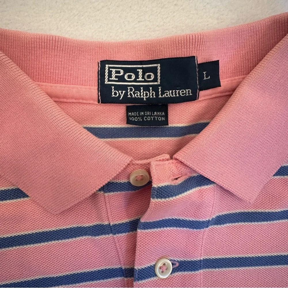 Ralph Lauren Polo Shirt Pink‎ Blue Striped 100% Cotton Classic Men’s Size Large
